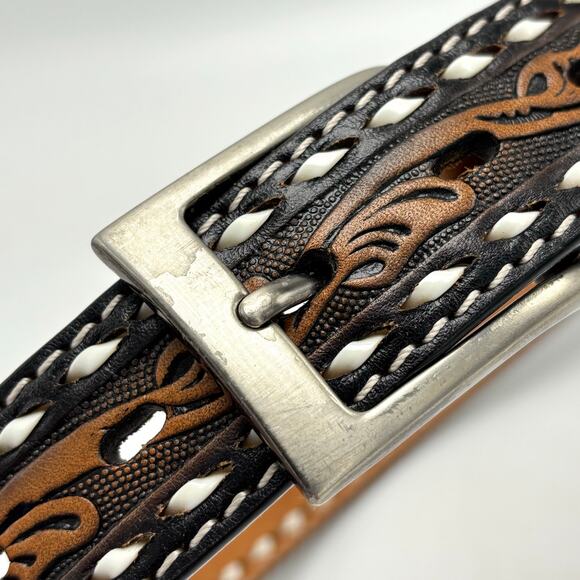 3D Leather Western Belt 26 Tooled Laced Black Brown Cowboy Cowgirl Rodeo Vintage - Picture 5 of 8